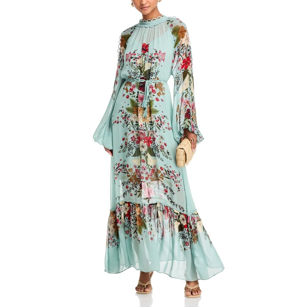 FARM Rio Beauty Bouquet Long Sleeve Floral Print Maxi Dress, Light Blue, NWT🇧🇷 - Picture 3 of 15